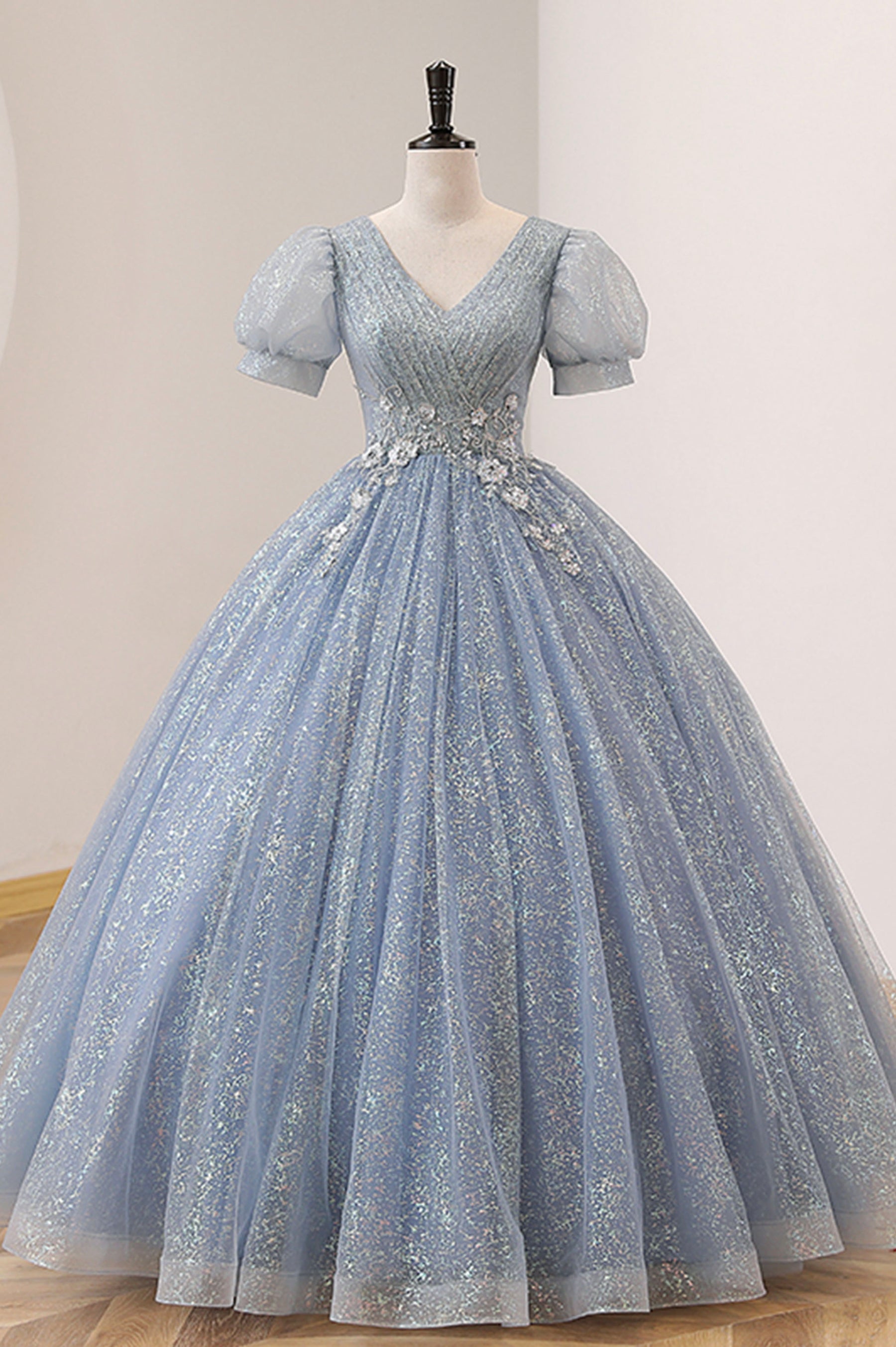 Blue Tulle Long A-Line Prom Dress, V-Neck Short Sleeve Evening Dress