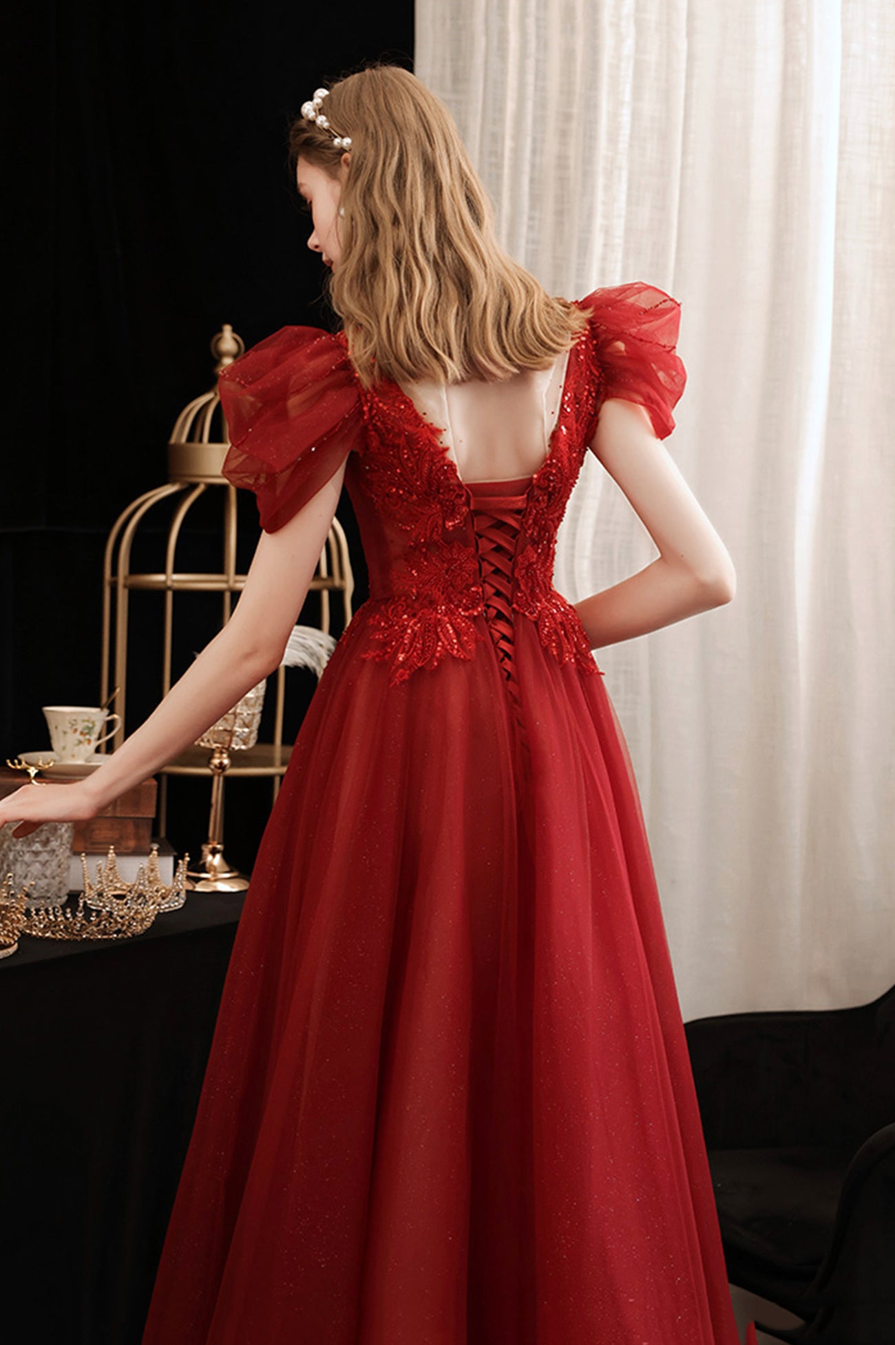 Burgundy Lace Long Prom Dress with Sequins, Cute Puff Sleeve Graduatio Burgundy Lace Long Prom Dress with Sequins, Cute Puff Sleeve Graduatio