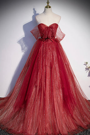 Burgundy Tulle Strapless Floor Length Prom Dress, A-Line Evening Graduation Dress