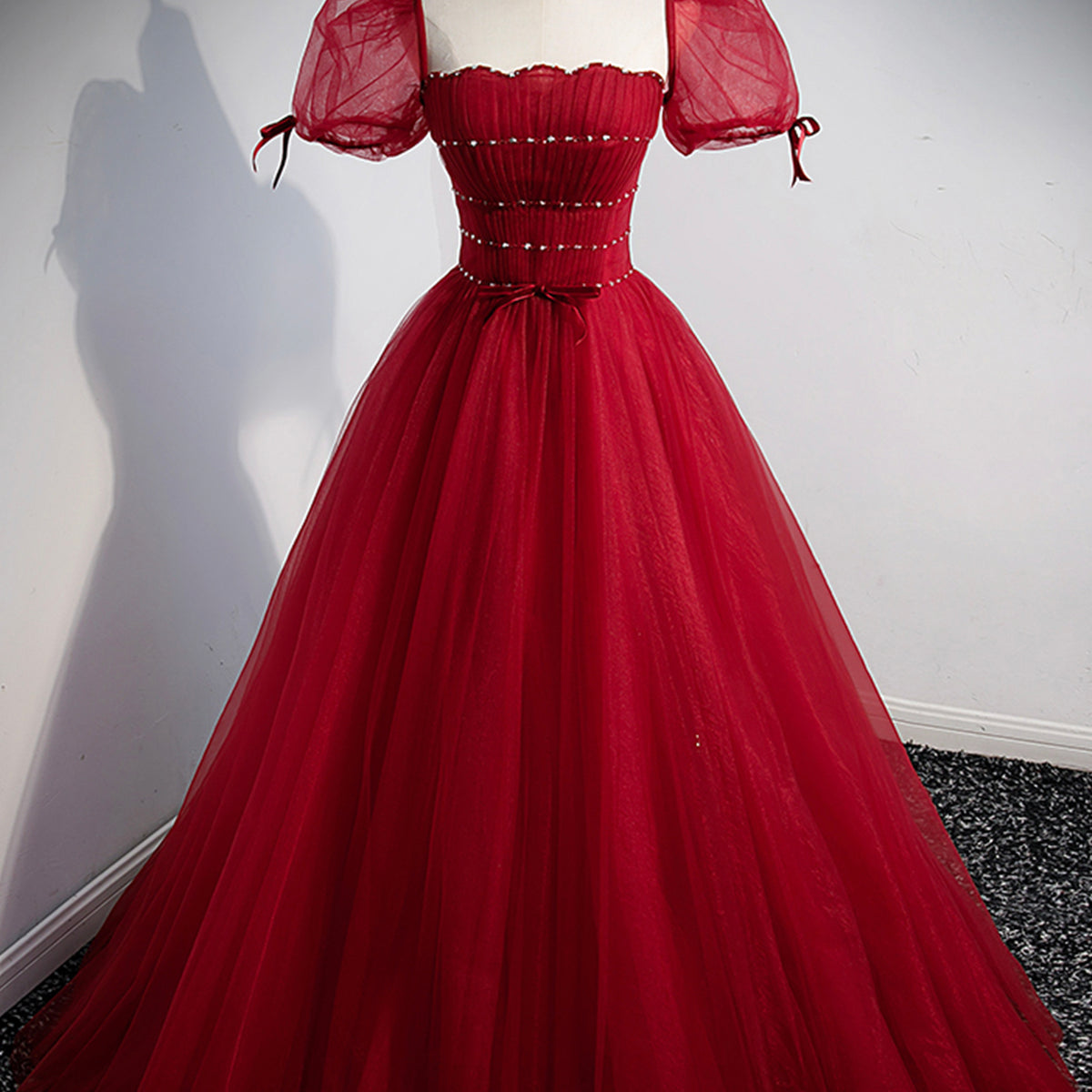 Red Tulle Floor Length Evening Party Dress, Red Short Sleeve Graduatio