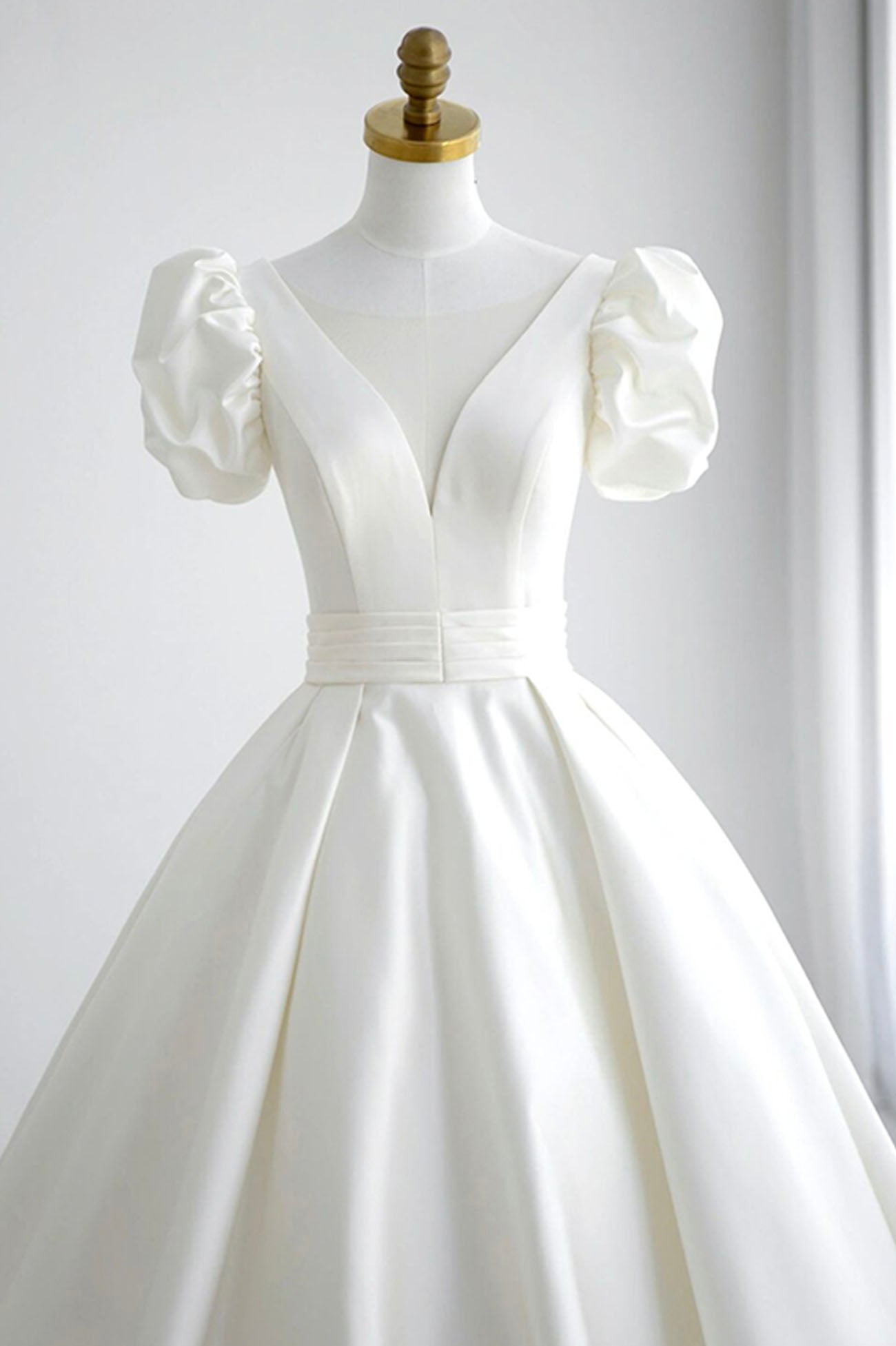 White V-Neck Satin Long Prom Dress, A-Line Short Sleeve Formal Dress White V-Neck Satin Long Prom Dress, A-Line Short Sleeve Formal Dress