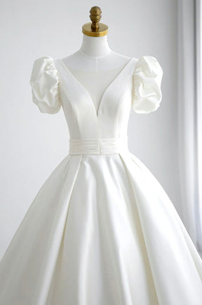 White V-Neck Satin Long Prom Dress, A-Line Short Sleeve Formal Dress