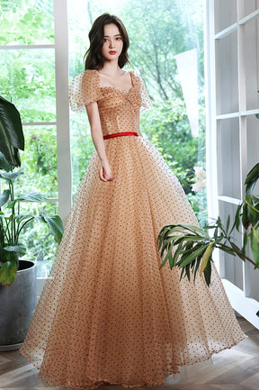Lovely Tulle Polka Dot Long Prom Dress, A-Line Short Sleeve Evening Dress