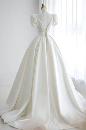 White V-Neck Satin Long Prom Dress, A-Line Short Sleeve Formal Dress