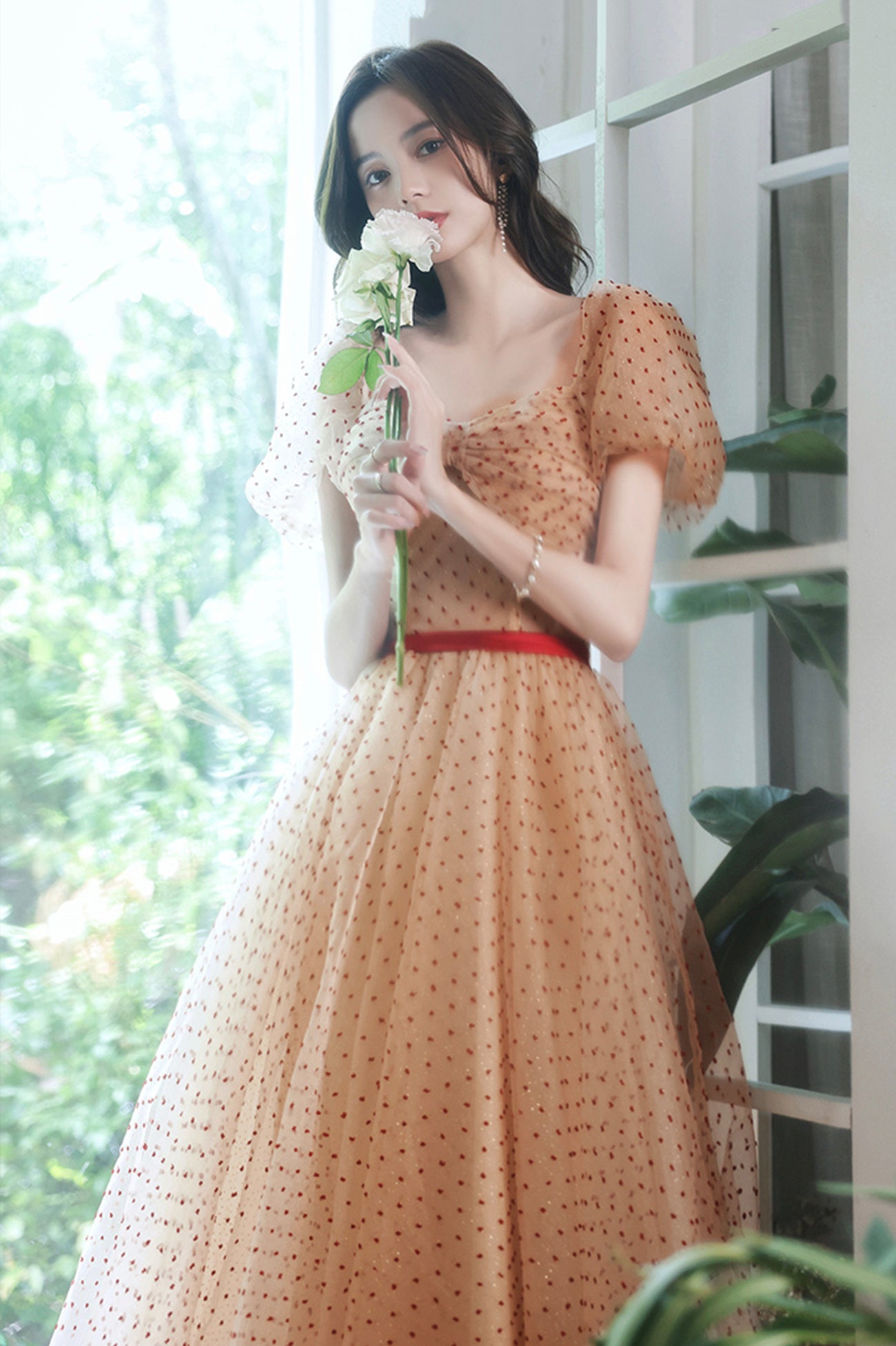 Lovely Tulle Polka Dot Long Prom Dress, A-Line Short Sleeve Evening Dress