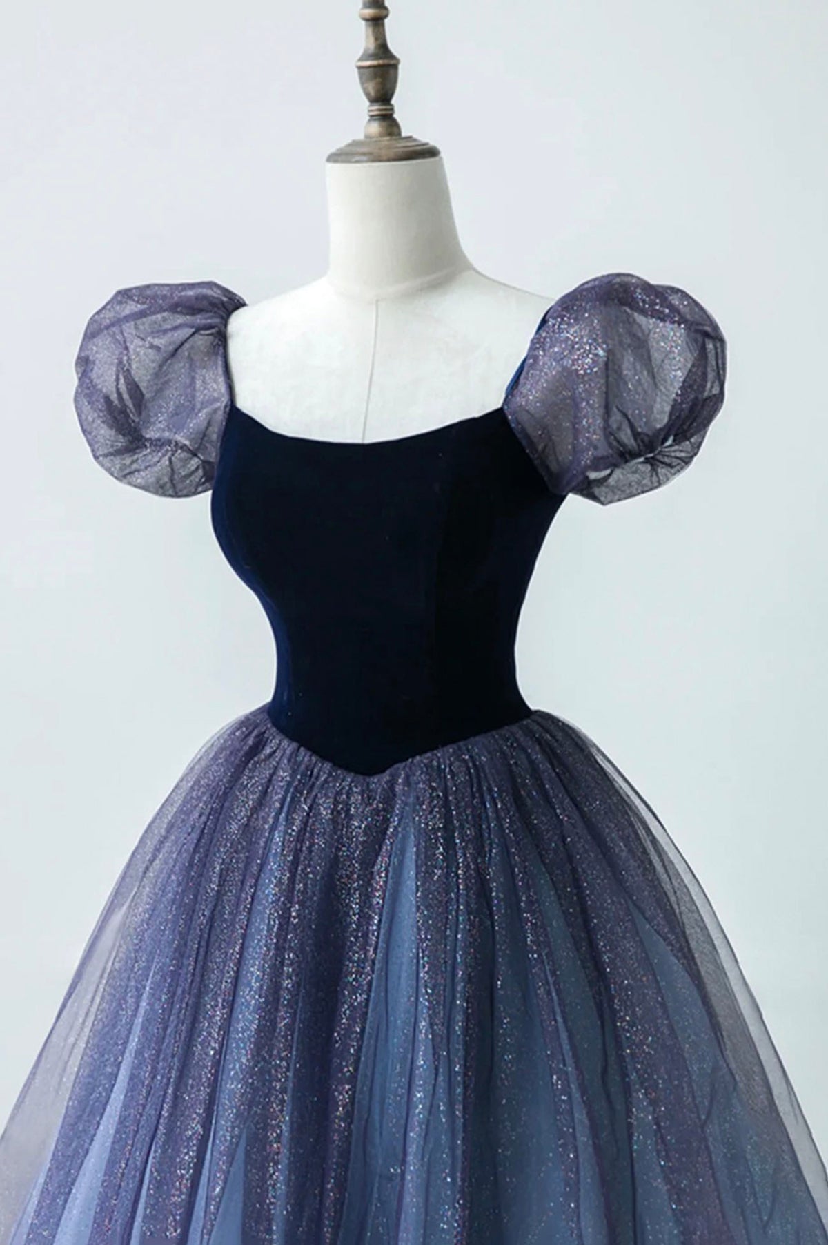 A-Line Velvet Tulle Long Prom Dress, Cute Short Sleeve Evening Party Dress