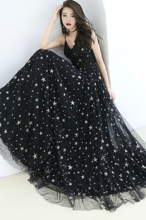 Black V-Neck Tulle Long Prom Dress, Cute A-Line Evening Dress with Stars