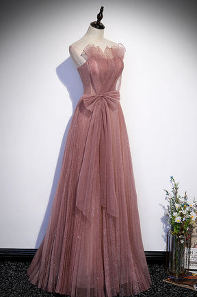 Pink Shiny Tulle Long A-Line Prom Dress, Lovely Strapless Evening Dress