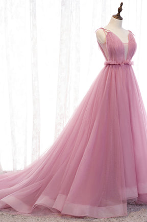 Pink V-Neck Tulle Long Prom Dress, A-Line Formal Evening Dress