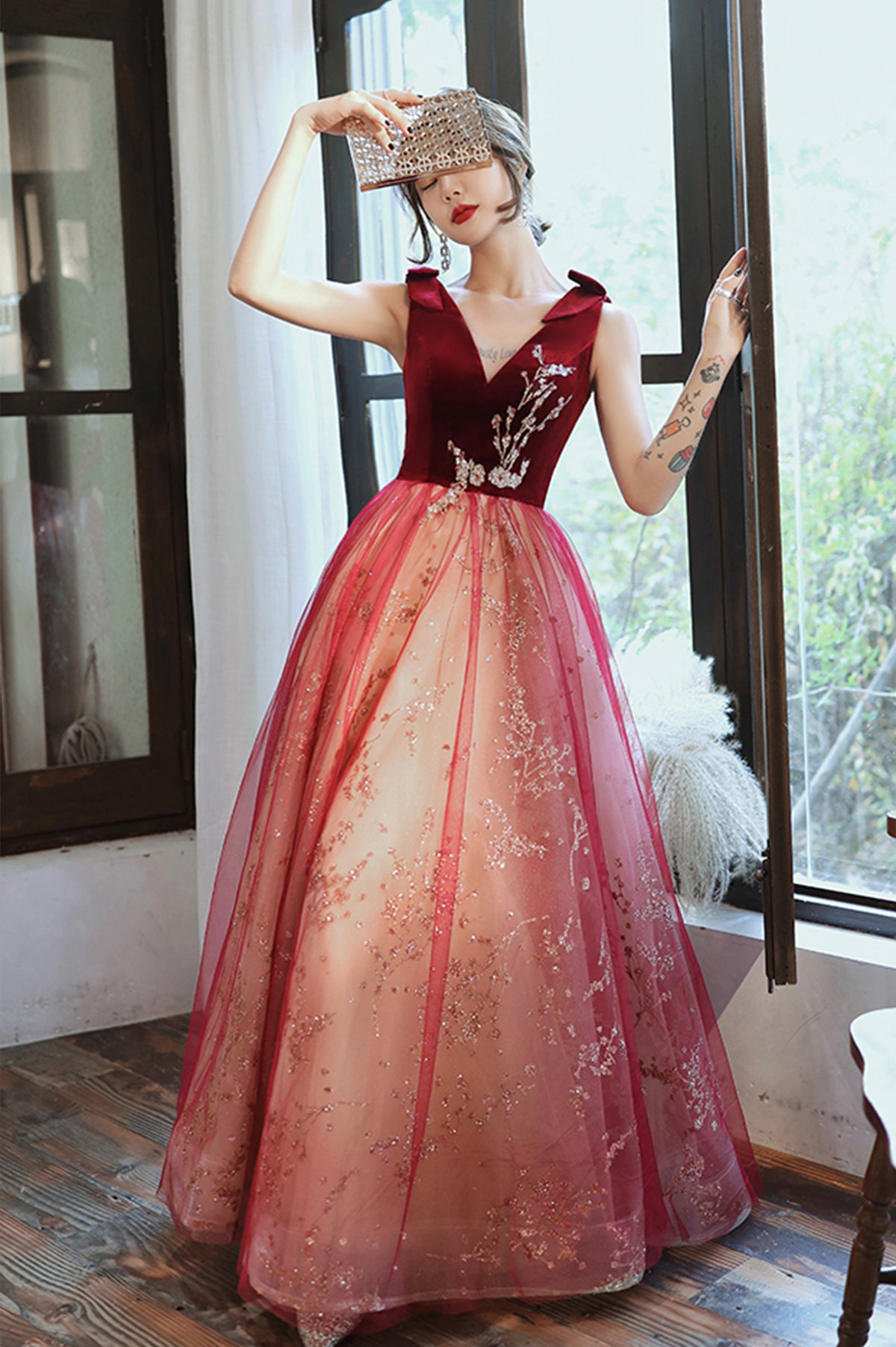 Burgundy V-Neck Velvet Long Prom Dress, A-Line Evening Party Dress