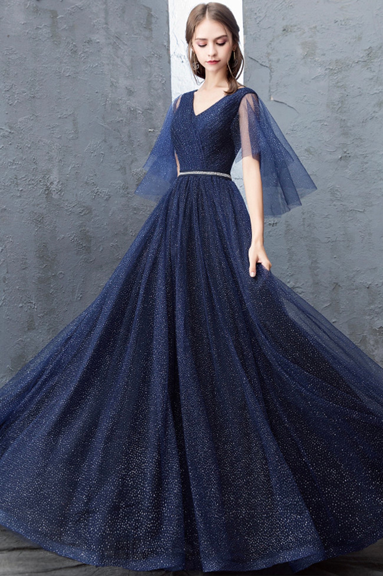 Blue Tulle Long A-Line Prom Dress, Cute V-Neck Graduation Dress