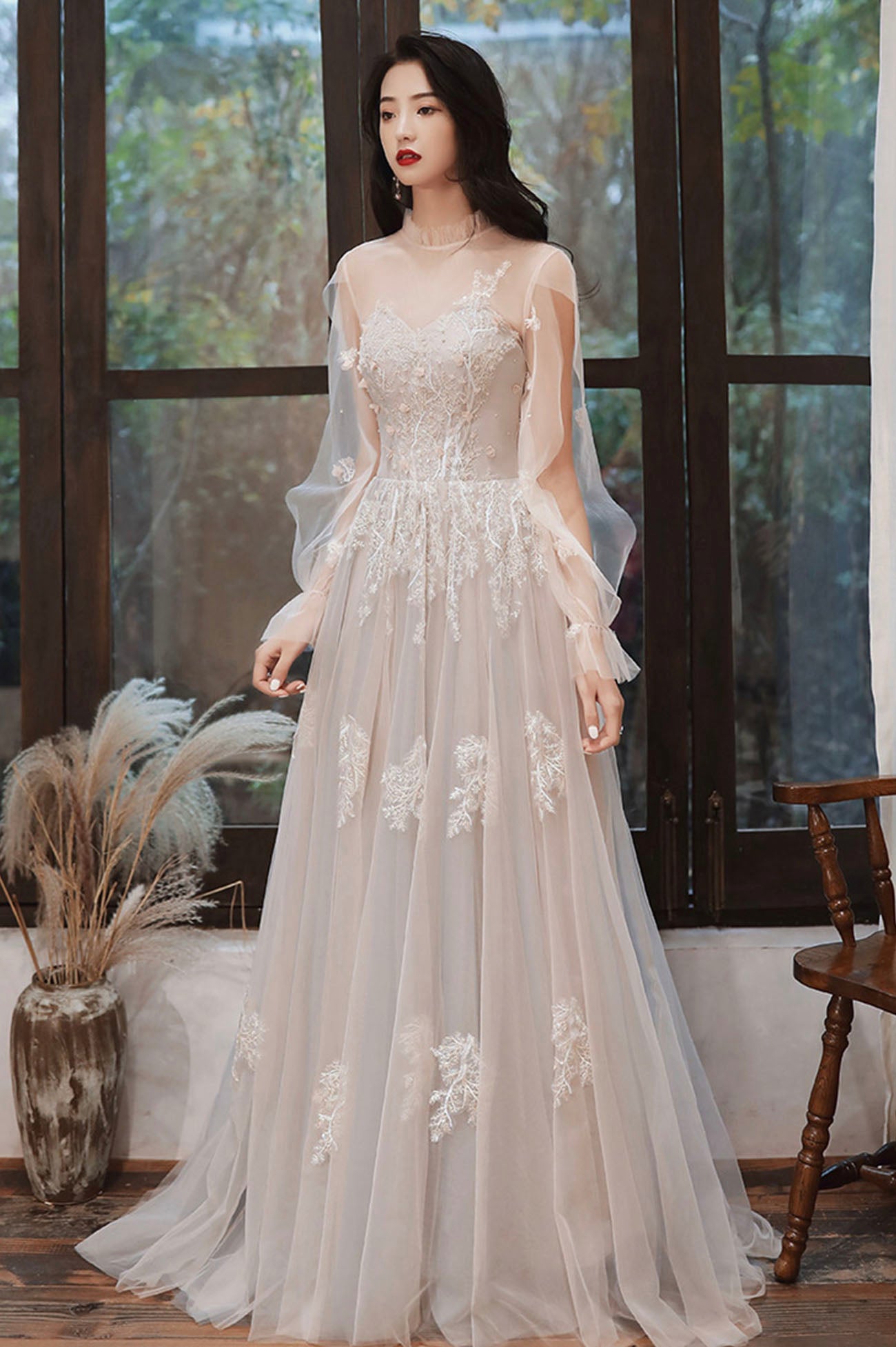 Cute A-Line Lace Floor Length Prom Dress, Long Sleeve Evening Party Dr Cute A-Line Lace Floor Length Prom Dress, Long Sleeve Evening Party Dr