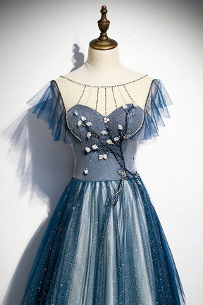 Blue Tulle Beading Long A-Line Prom Dress, Scoop Neckline Evening Dress