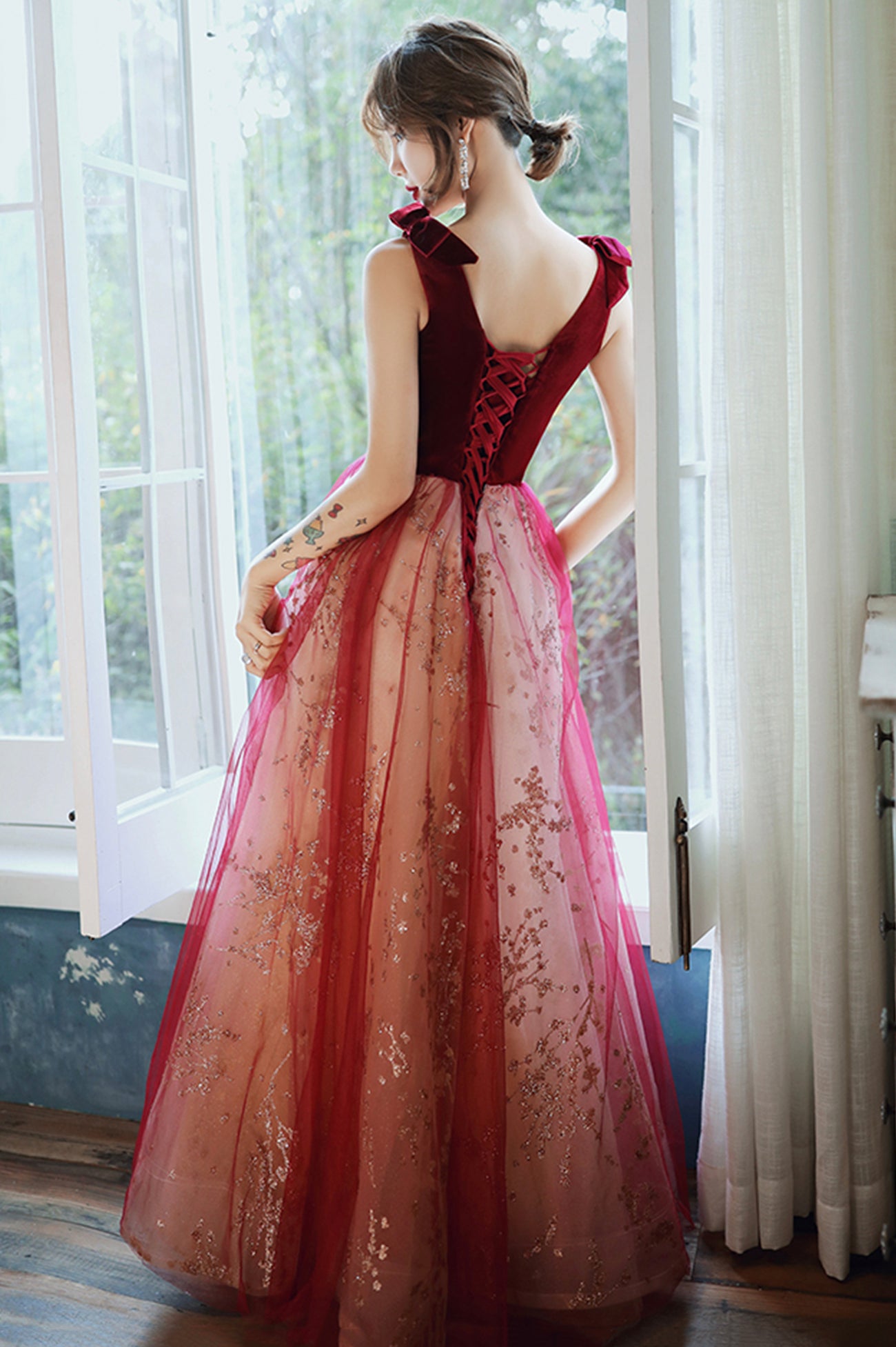 Burgundy V-Neck Velvet Long Prom Dress, A-Line Evening Party Dress