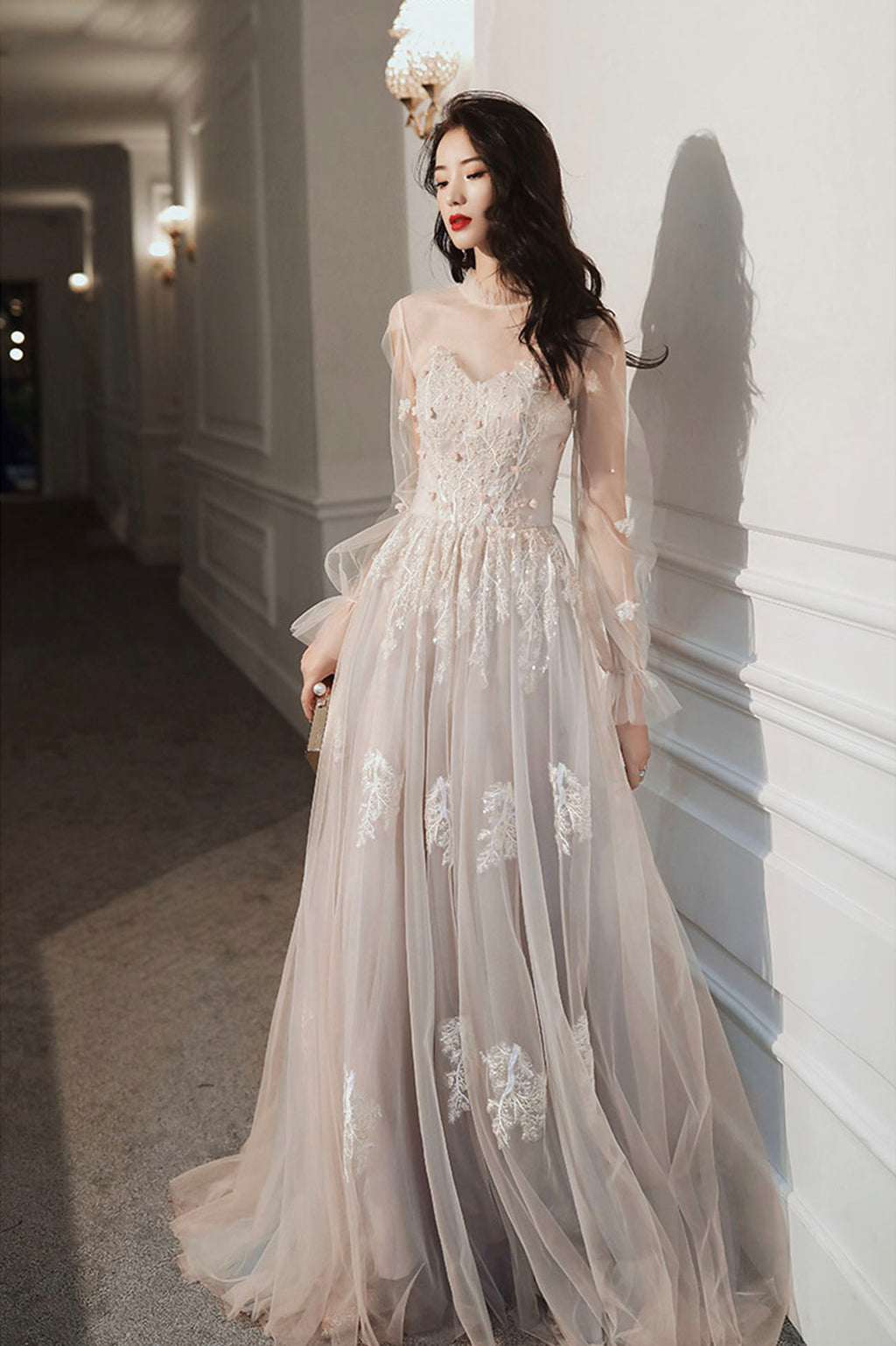 Cute A-Line Lace Floor Length Prom Dress, Long Sleeve Evening Party Dr