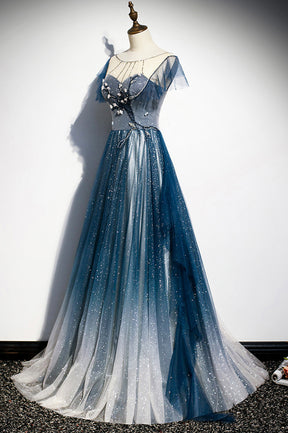 Blue Tulle Beading Long A-Line Prom Dress, Scoop Neckline Evening Dress