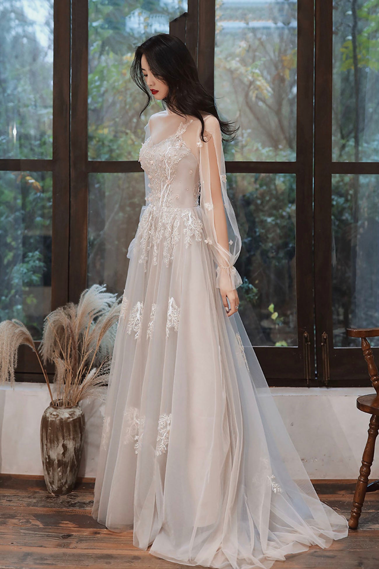Cute A-Line Lace Floor Length Prom Dress, Long Sleeve Evening Party Dr Cute A-Line Lace Floor Length Prom Dress, Long Sleeve Evening Party Dr