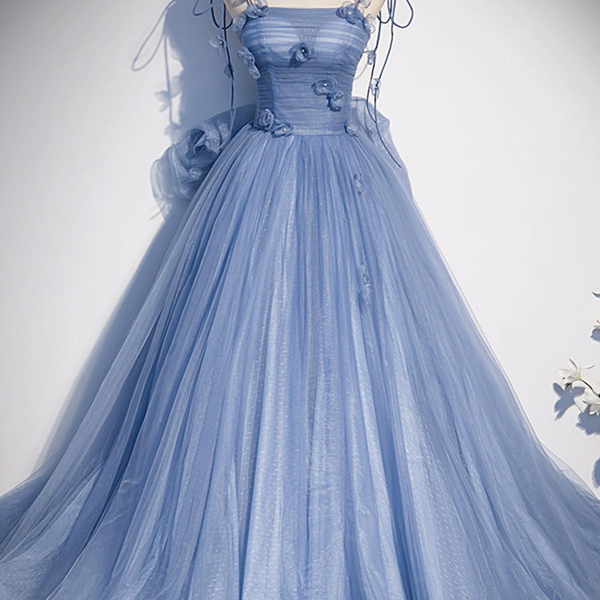 Blue Tulle Long A-Line Prom Dress, Blue Spaghetti Straps Party Dress w
