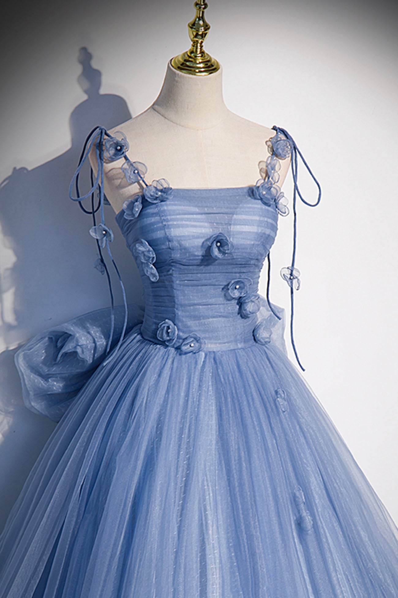 Blue Tulle Long A-Line Prom Dress, Blue Spaghetti Straps Party Dress with Bow