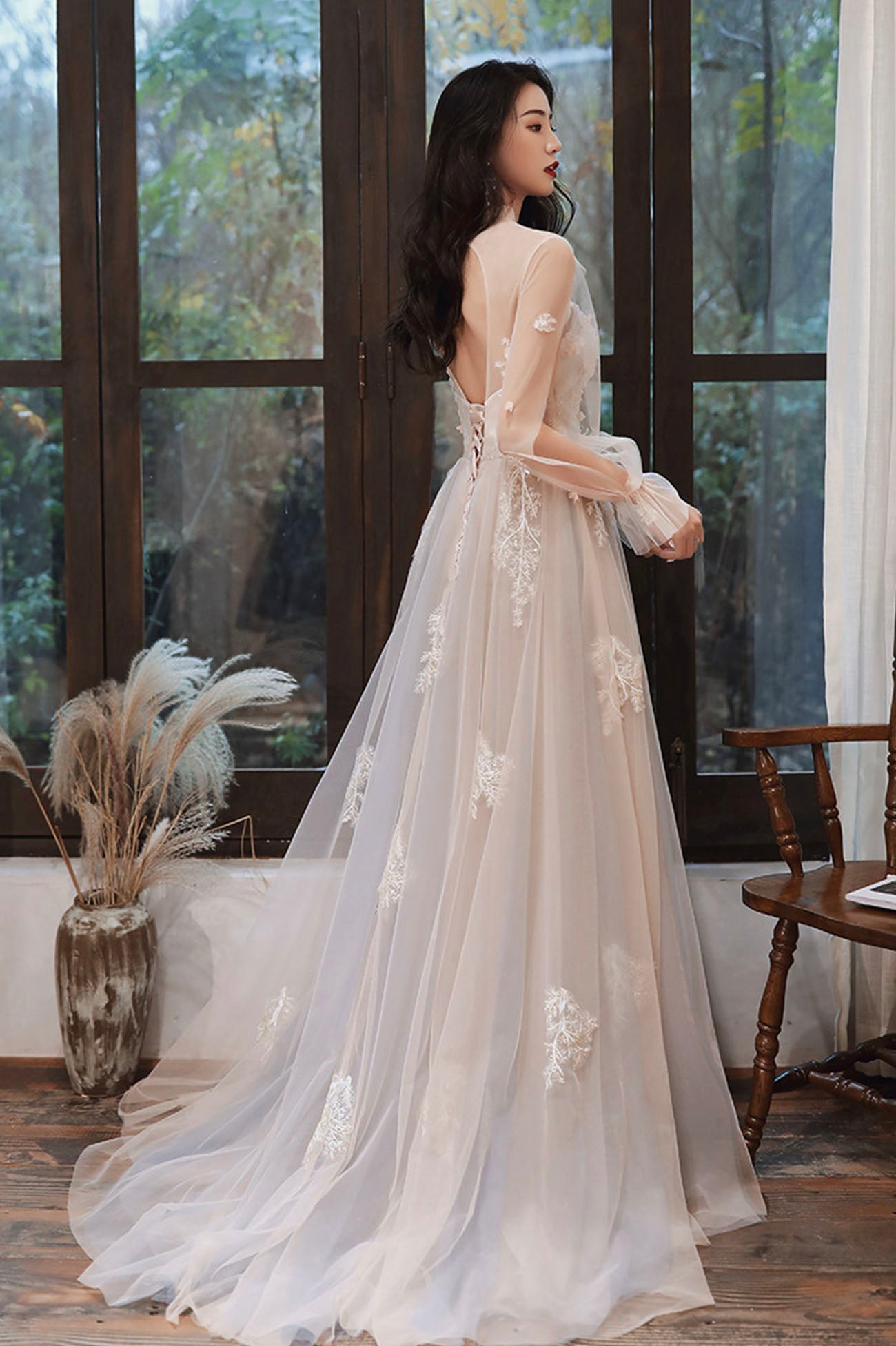 Cute A-Line Lace Floor Length Prom Dress, Long Sleeve Evening Party Dr Cute A-Line Lace Floor Length Prom Dress, Long Sleeve Evening Party Dr