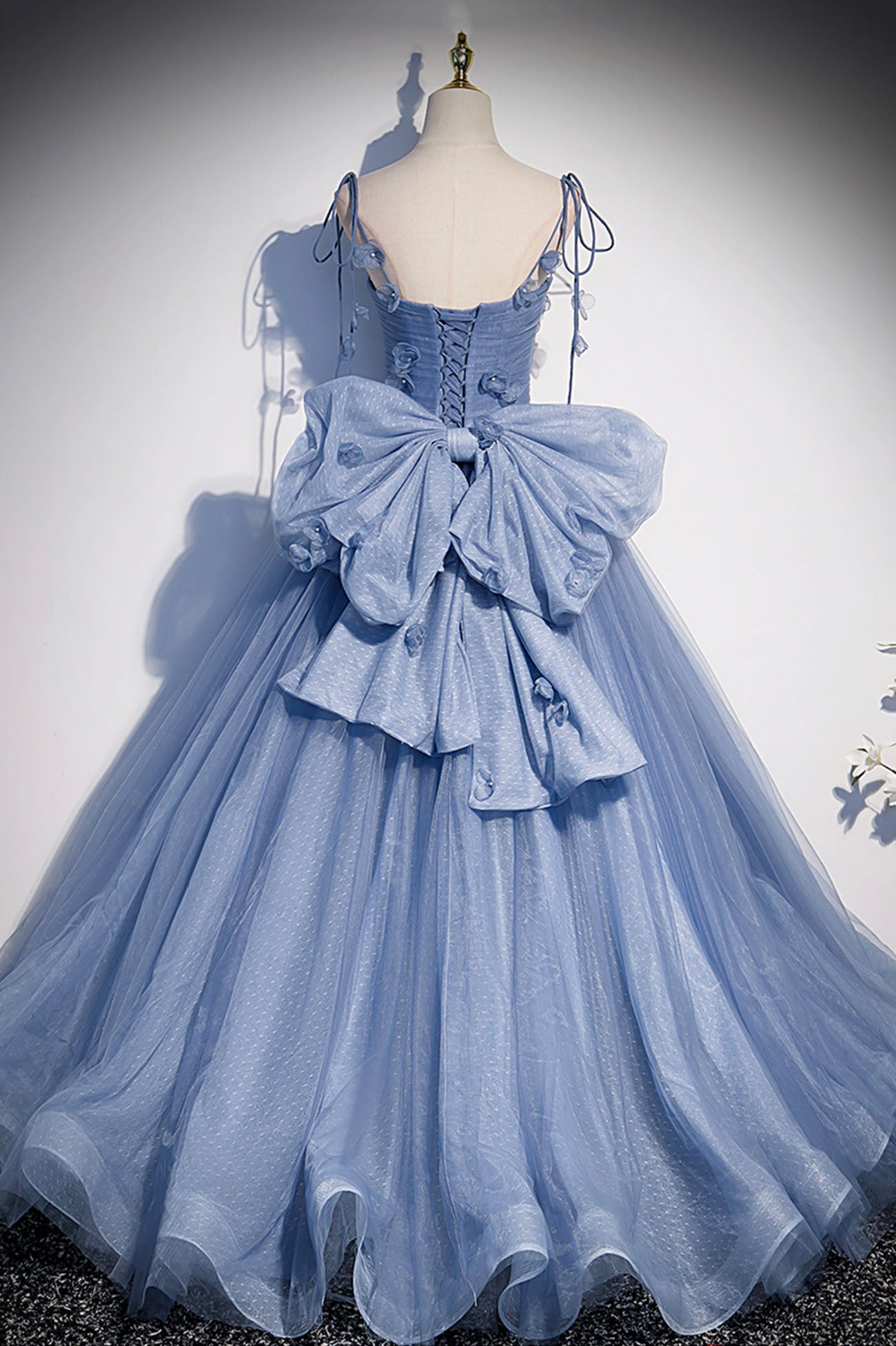 Blue Tulle Long A-Line Prom Dress, Blue Spaghetti Straps Party Dress w Blue Tulle Long A-Line Prom Dress, Blue Spaghetti Straps Party Dress w