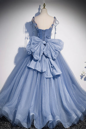 Blue Tulle Long A-Line Prom Dress, Blue Spaghetti Straps Party Dress with Bow
