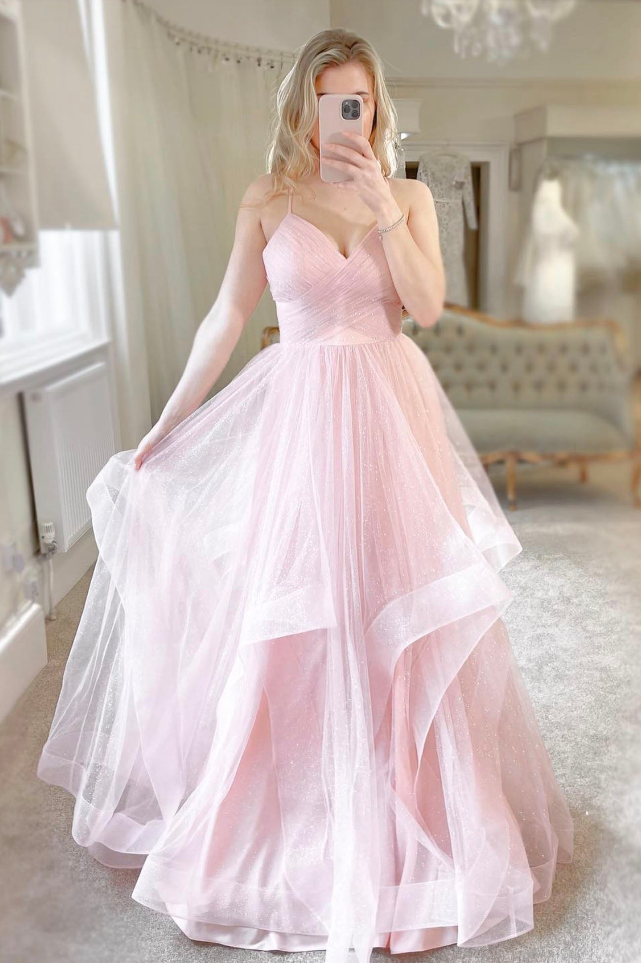Pink Tulle Long A-Line Prom Dress, Pink V-Neck Graduation Dress