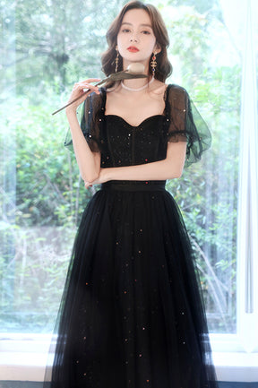 Black Tulle Sequins Long Prom Dress, Black Short Sleeve Evening Dress