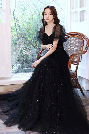 Black Tulle Sequins Long Prom Dress, Black Short Sleeve Evening Dress