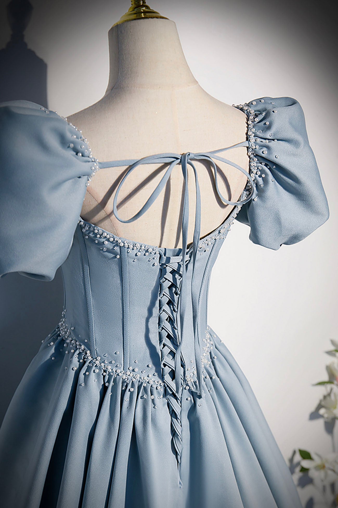 Blue Satin Long A-Line Prom Dress with Pearls, Cute Short Sleeve Eveni Blue Satin Long A-Line Prom Dress with Pearls, Cute Short Sleeve Eveni