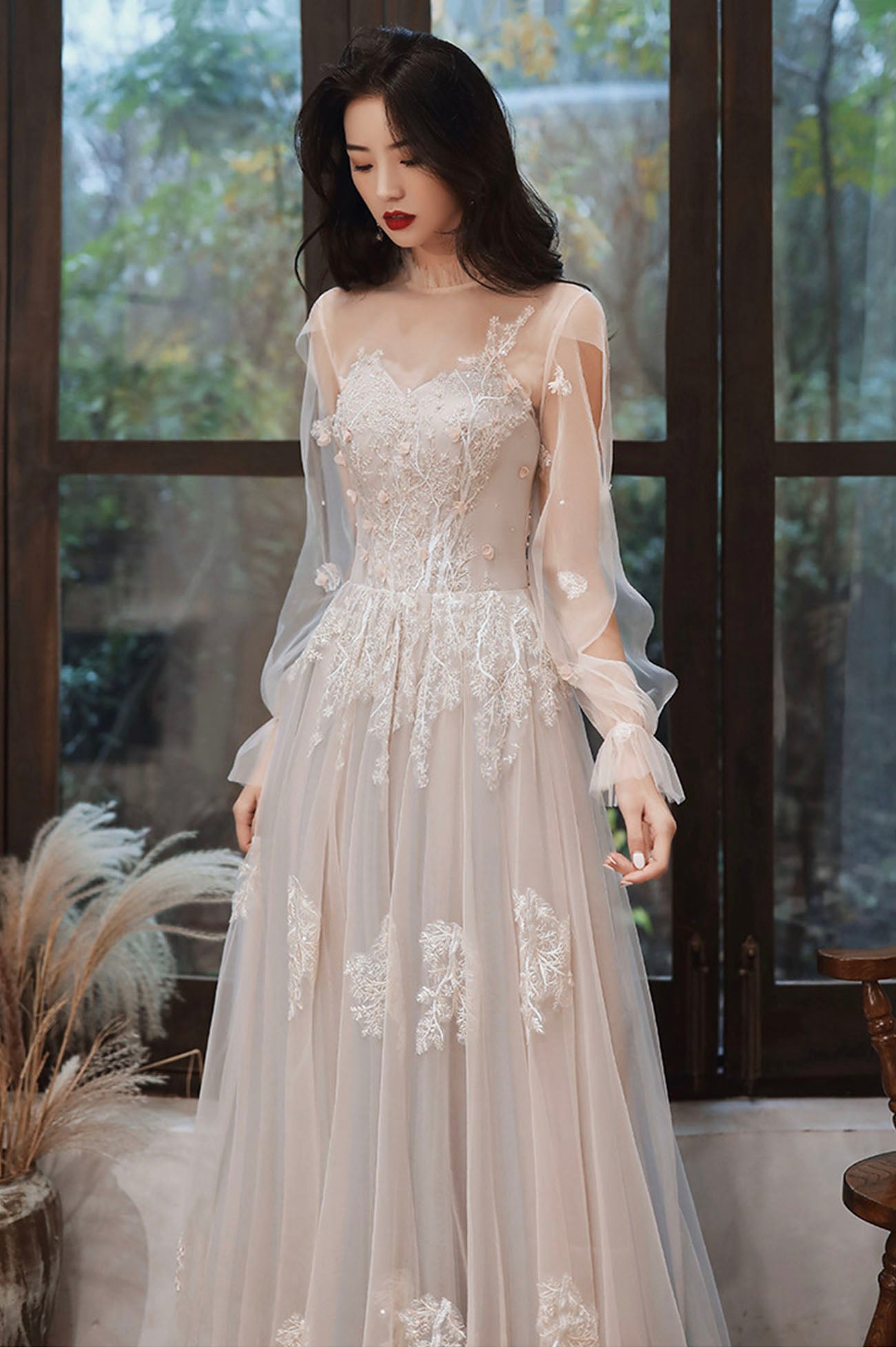 Cute A-Line Lace Floor Length Prom Dress, Long Sleeve Evening Party Dress