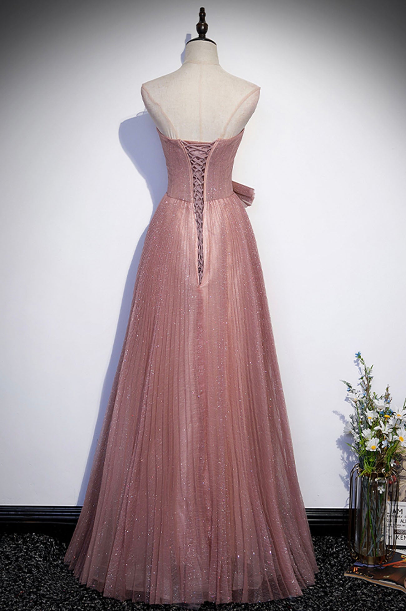Pink Shiny Tulle Long A-Line Prom Dress, Lovely Strapless Evening Dress