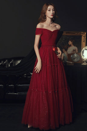 Off the Shoulder Tulle A-Line Party Dress, Burgundy Evening Graduation Off the Shoulder Tulle A-Line Party Dress, Burgundy Evening Graduation