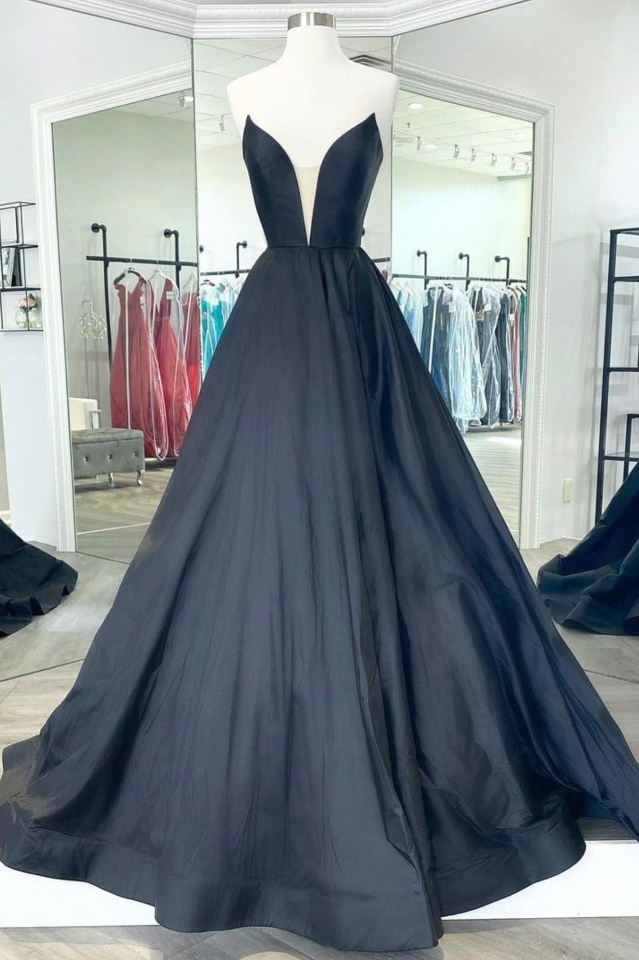 Black Strapless Satin Long Prom Dress, Black A-Line Evening Dress
