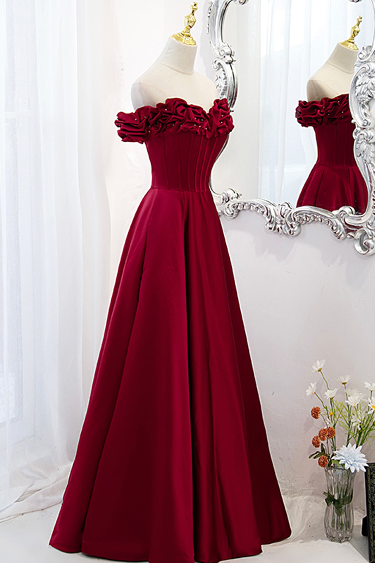 Burgundy Satin Off the Shoulder Beaded Long Formal Dress, Burgundy A-Line Prom Dress