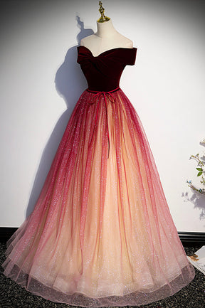 Burgundy Velvet Long A-Line Formal Dress, Off the Shoulder Evening Party Dress