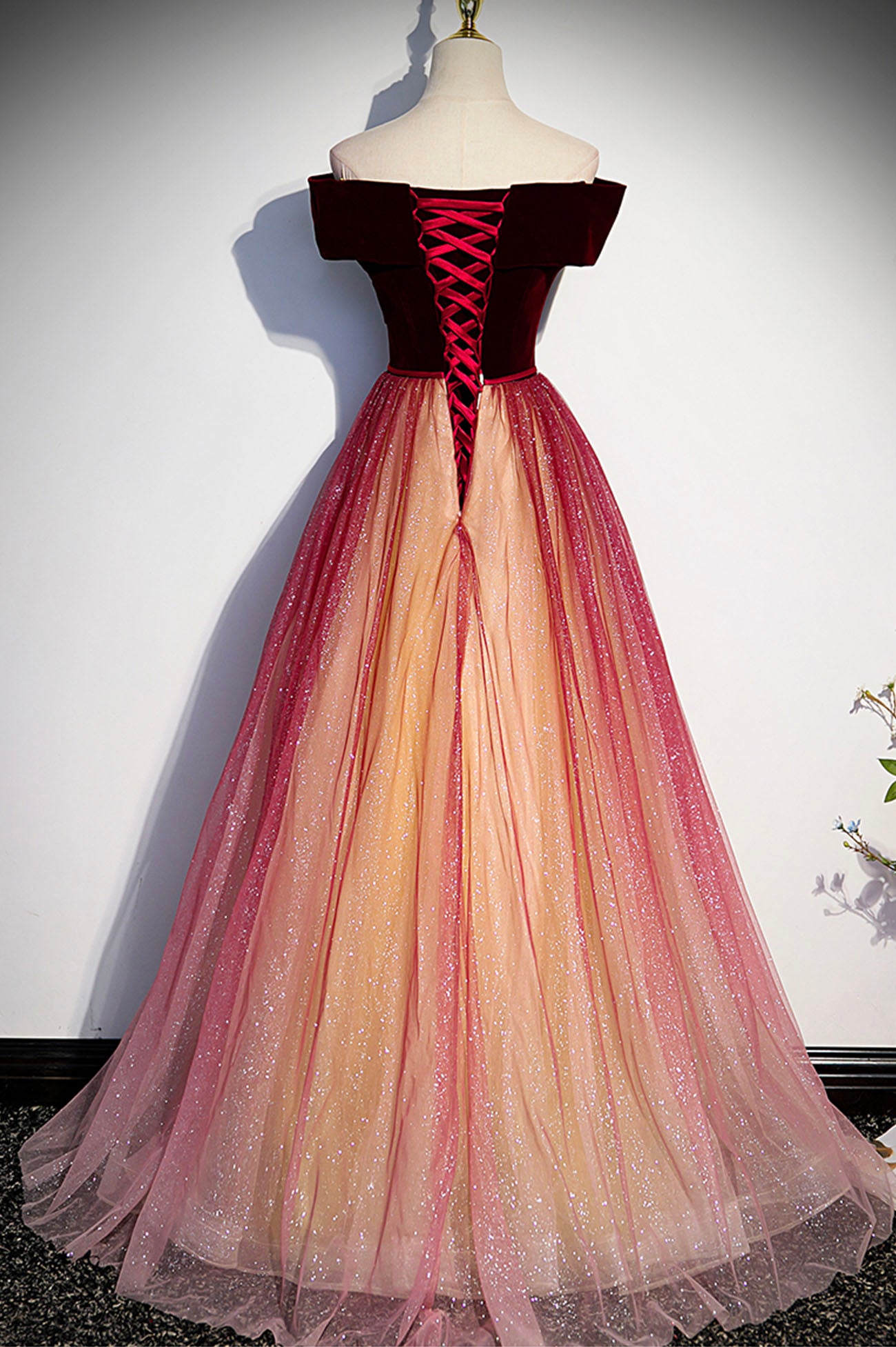 Burgundy Velvet Long A-Line Formal Dress, Off the Shoulder Evening Party Dress