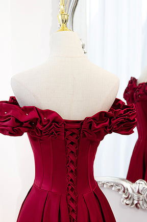 Burgundy Satin Off the Shoulder Beaded Long Formal Dress, Burgundy A-Line Prom Dress