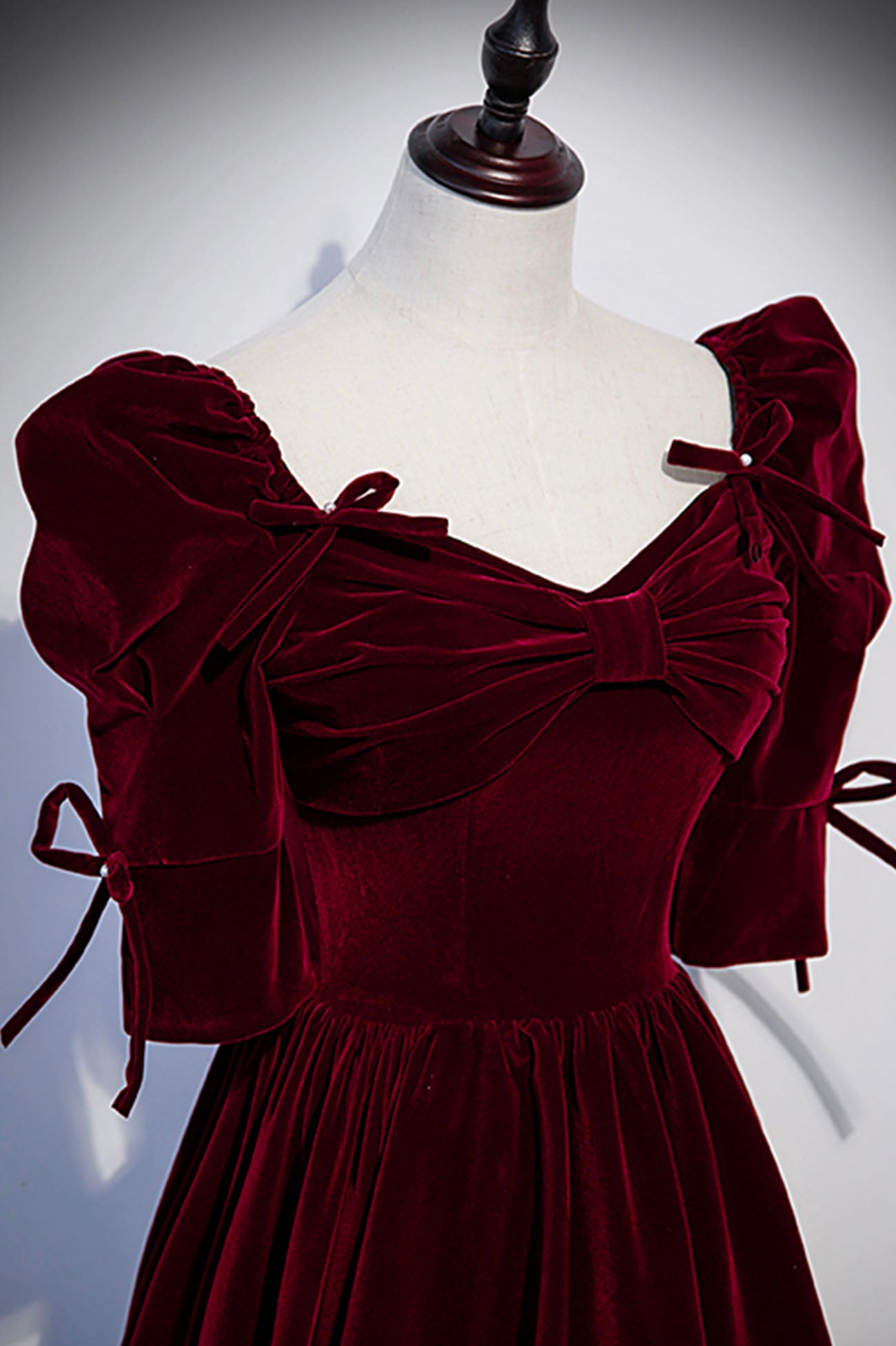 Burgundy Velvet Long Evening Party Dress, A-Line Short Sleeve Prom Dress