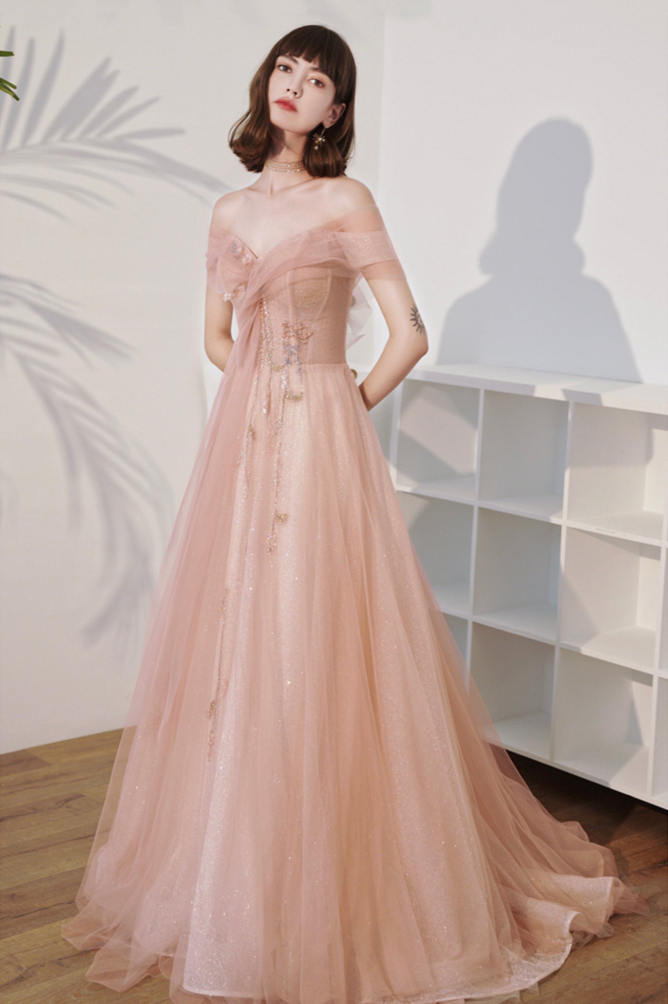 Pink Off the Shoulder Tulle Long Prom Dress, Cute A-Line Evening Dress