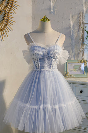 Blue Lace Short A-Line Prom Dress, Blue Spaghetti Straps Homecoming Party Dress