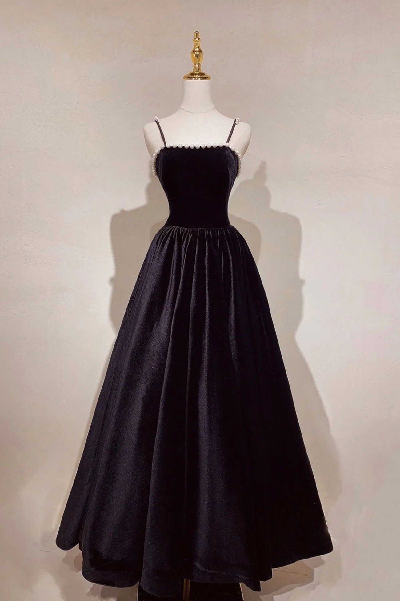 Black Velvet Long Prom Dress with Pearls, Black Spaghetti Straps Eveni