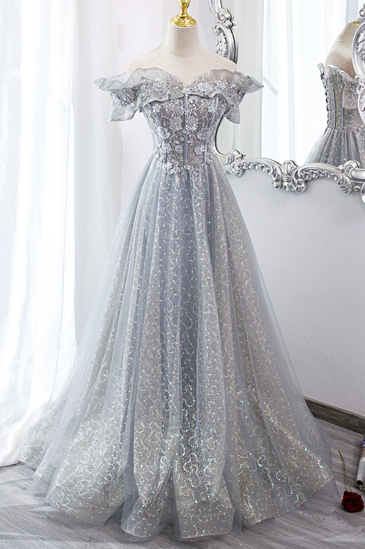 Gray Tulle Sequins Long A-Line Prom Dress, Beautiful Off the Shoulder Graduation Dress