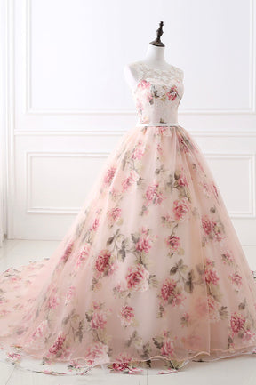 Cute Floral Long Prom Dress with Lace,  A-Line Scoop Neckline Party Dress