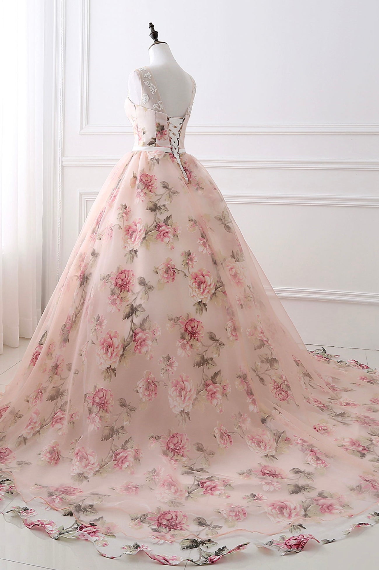 Cute Floral Long Prom Dress with Lace,  A-Line Scoop Neckline Party Dress