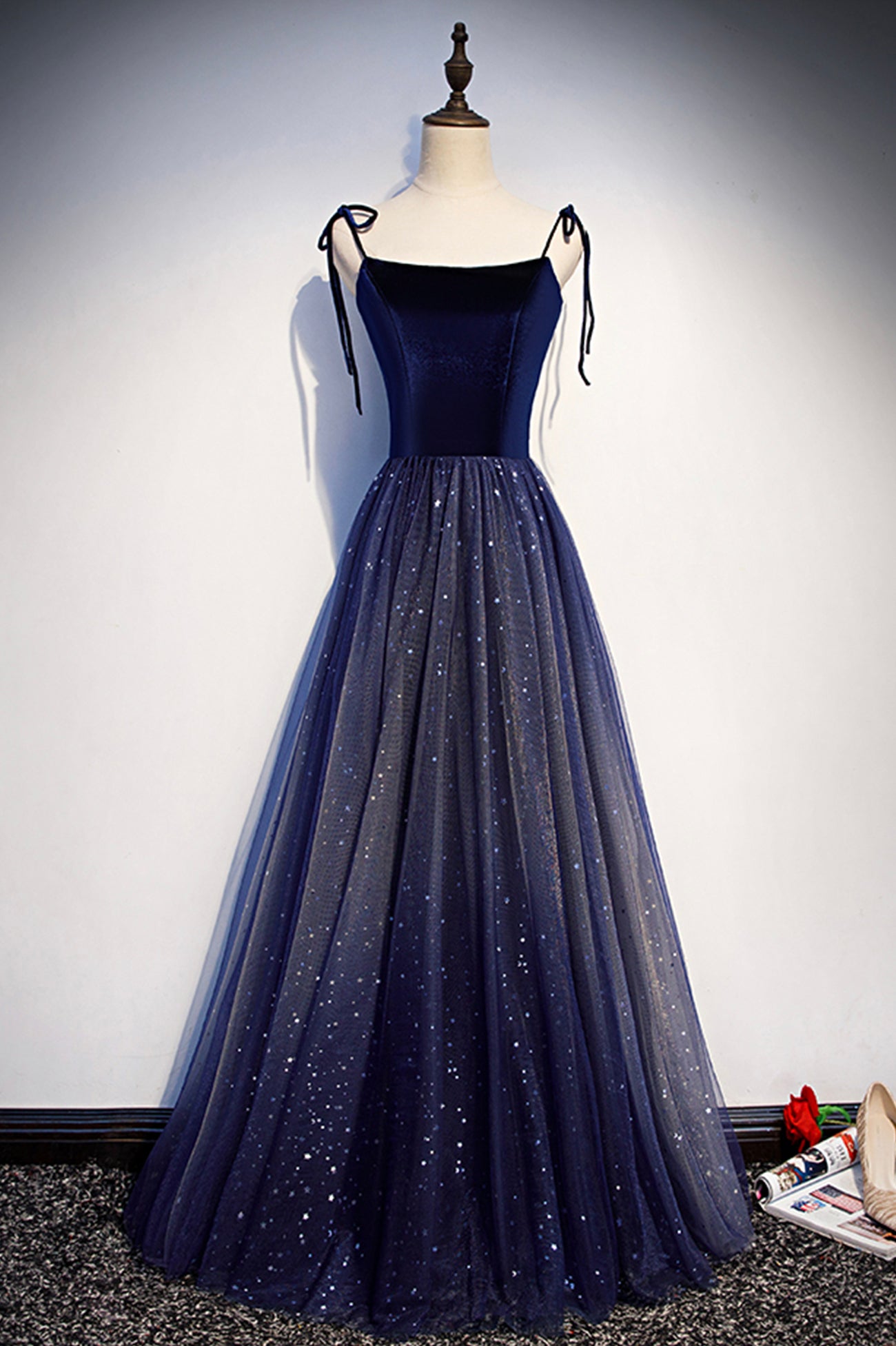 Blue Tulle Long A-Line Prom Dress, Blue Spaghetti Strap Evening Party Dress