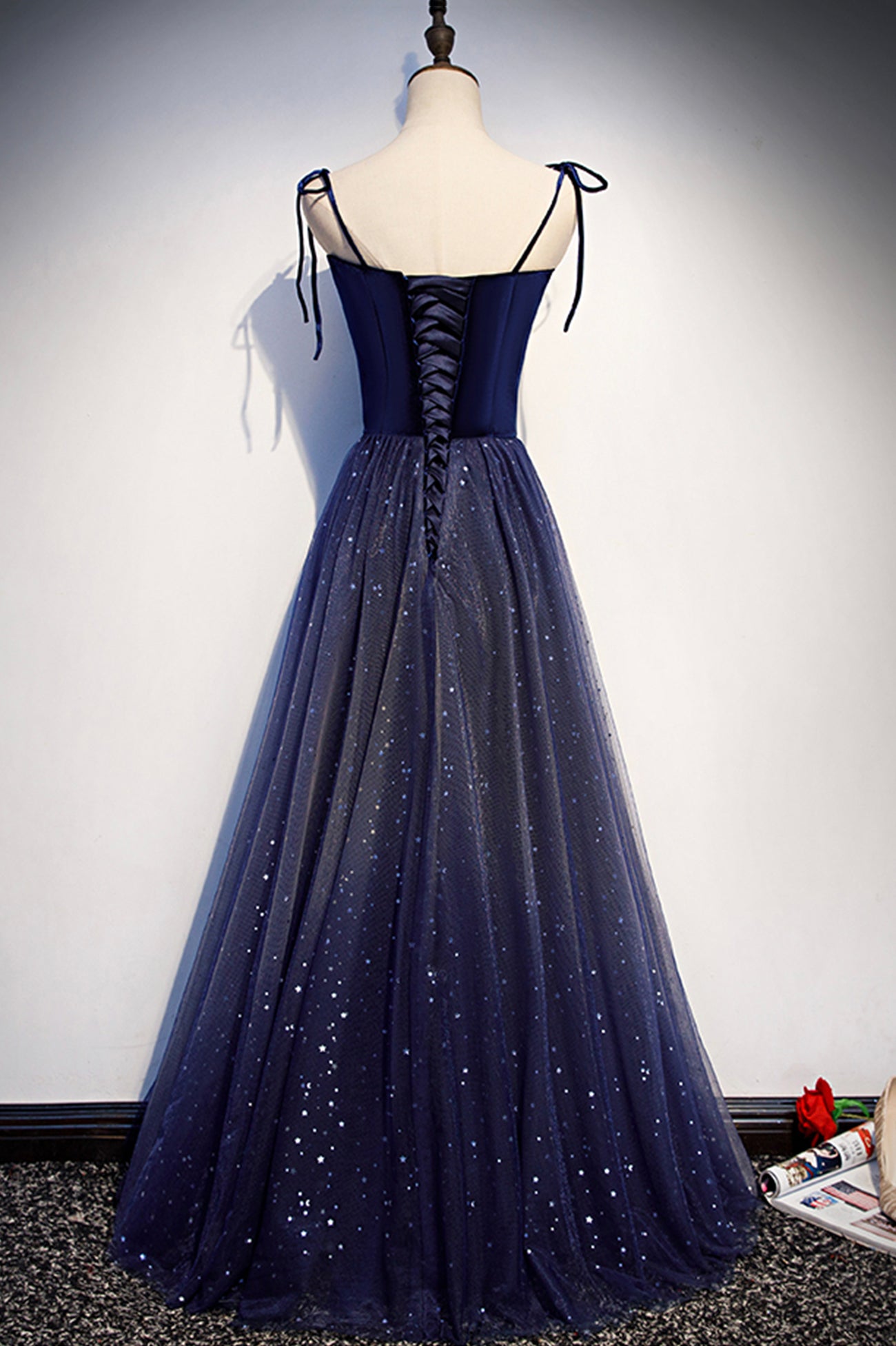 Blue Tulle Long A-Line Prom Dress, Blue Spaghetti Strap Evening Party Blue Tulle Long A-Line Prom Dress, Blue Spaghetti Strap Evening Party