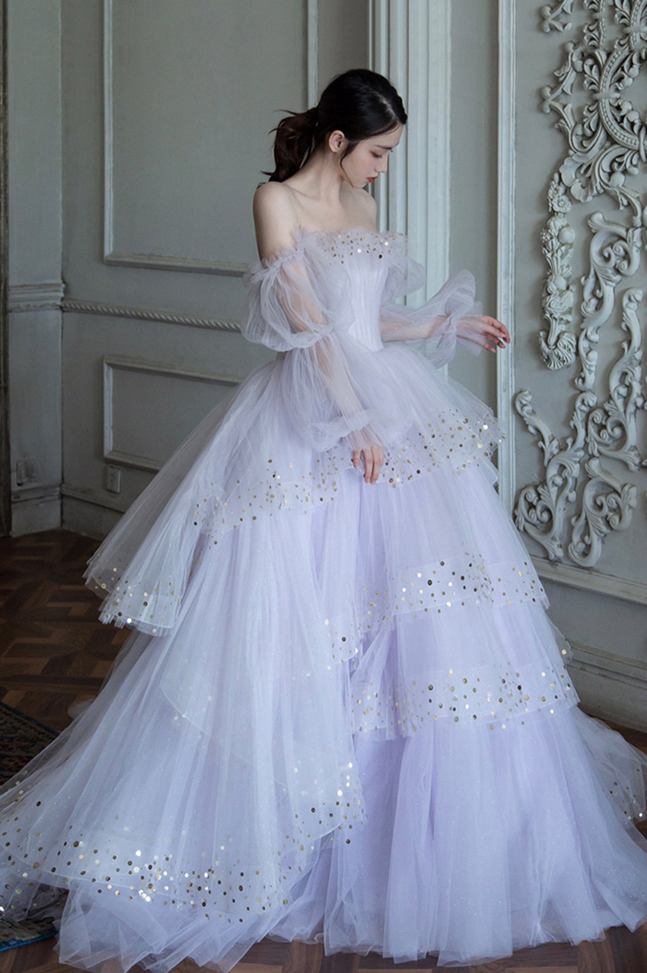 Purple Tulle Layers Long A-Line Prom Dress, Off the Shoulder Evening G