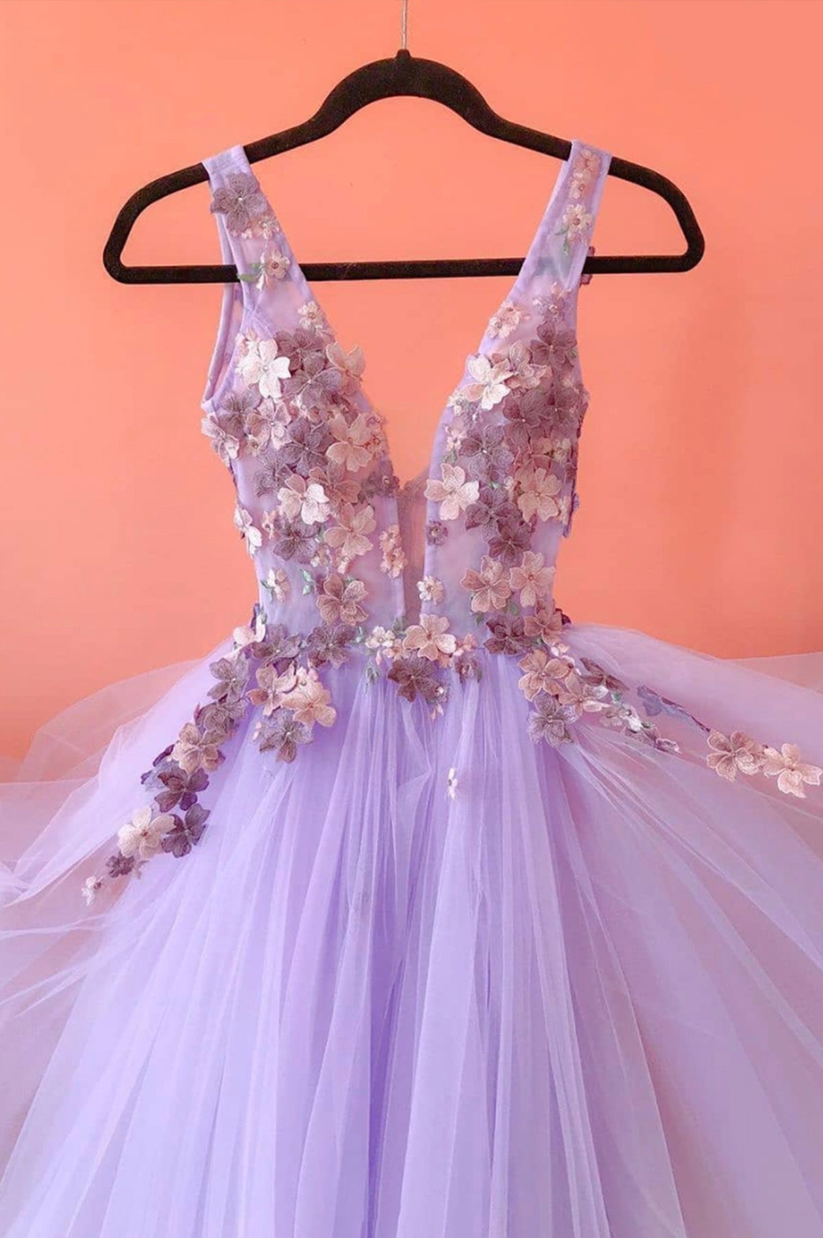 Purple Tulle Lace Long A-Line Prom Dress, V-Neck Evening Party Dress