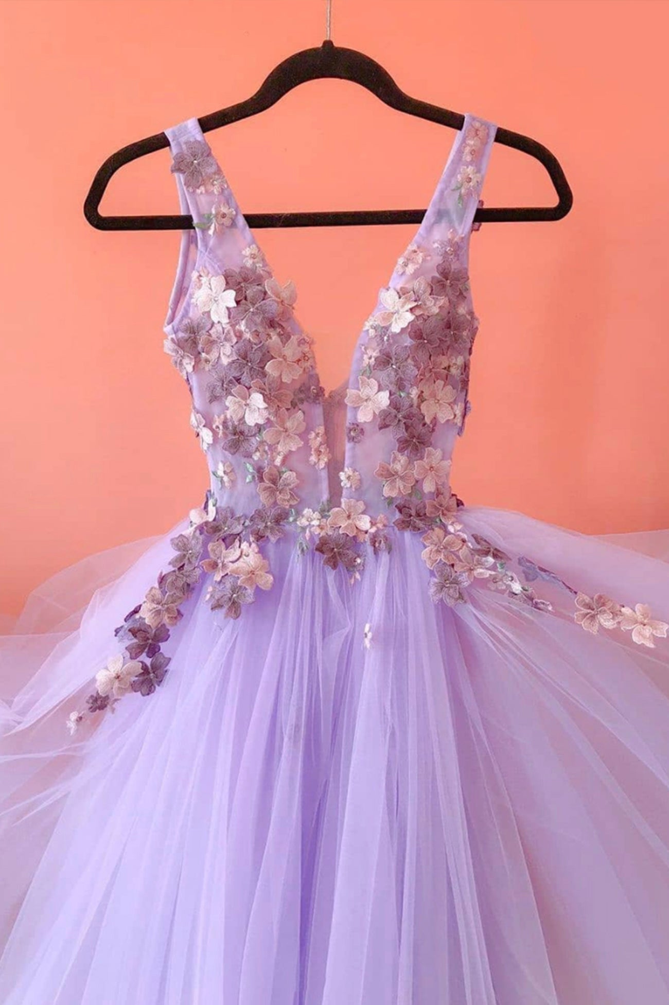 Purple Tulle Lace Long A-Line Prom Dress, V-Neck Evening Party Dress